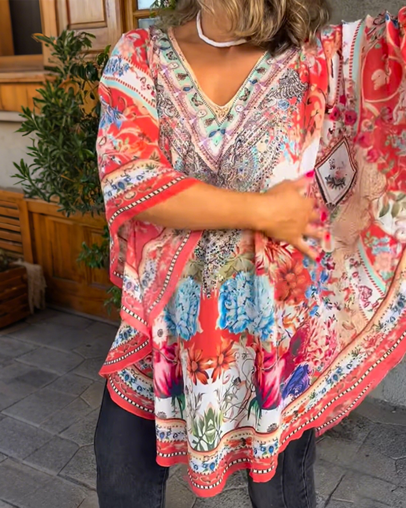 Blouse Mode Décolleté En V À Fleurs