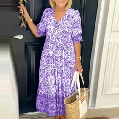 Robe d'été imprimée avec col en V pour femme | Midi