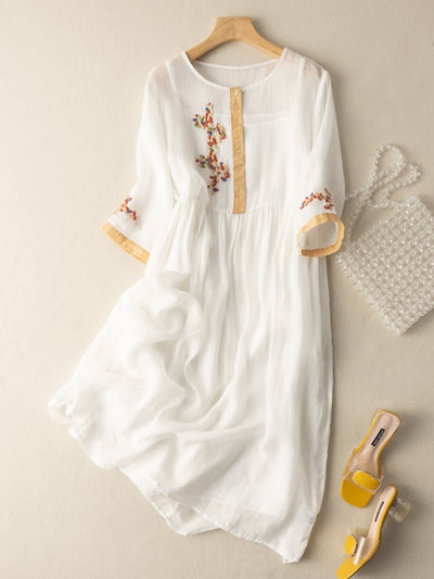 Robe femme midi – Coupe ample – Manches 3/4 – Fibre naturelle – Détails brodés