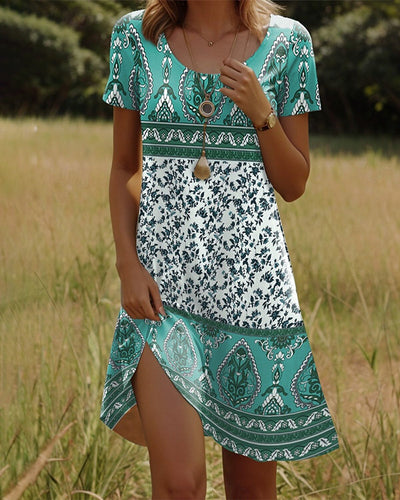 Robe Manches Courtes Imprimé Contrasté