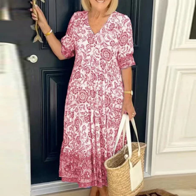 Robe d'été imprimée avec col en V pour femme | Midi