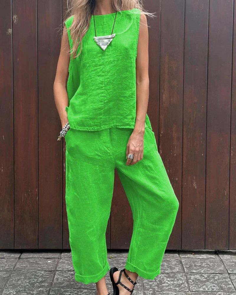 LAUIA - ENSEMBLE SANS MANCHES ET PANTALON EN COTON ET LIN