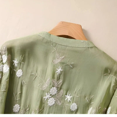 Blouse Femme – Coupe Décontractée – Fibres Naturelles – Broderie Florale – Manches 3/4