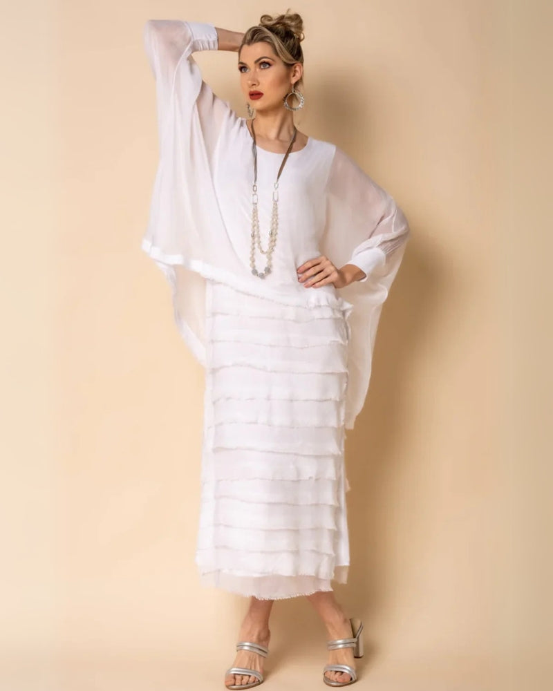 OREANA - ROBE MIDI À VOLANTS AVEC FINITIONS EFFILOCHÉES