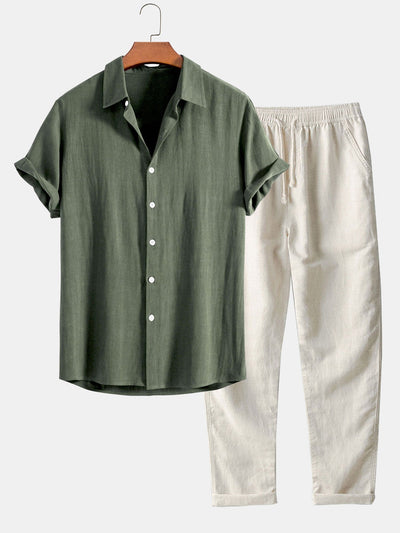 Chemise boutonnée en mélange de lin et rayonne et pantalon droit en lin