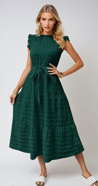 Gisèle - Robe Midi À Ourlets Volantés Et Ceinture À Nouer
