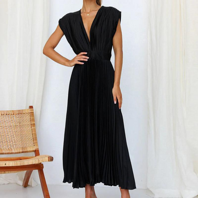 Robe midi femme – Coupe évasée – Tissu luxueux – Col en V – Plissée élégante