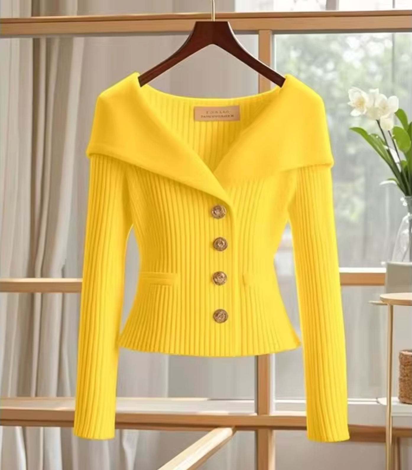 Gilet Femme Court – Maille Douce – Coupe Ajustée – Col Large – Boutonnage Visible