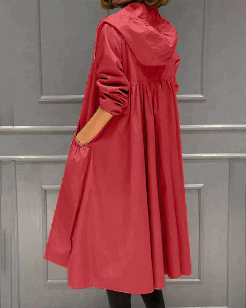 Veste imperméable femme – Coupe ample – Longueur genou – Capuche – Manches longues – Poches fonctionnelles – Fermeture zippée