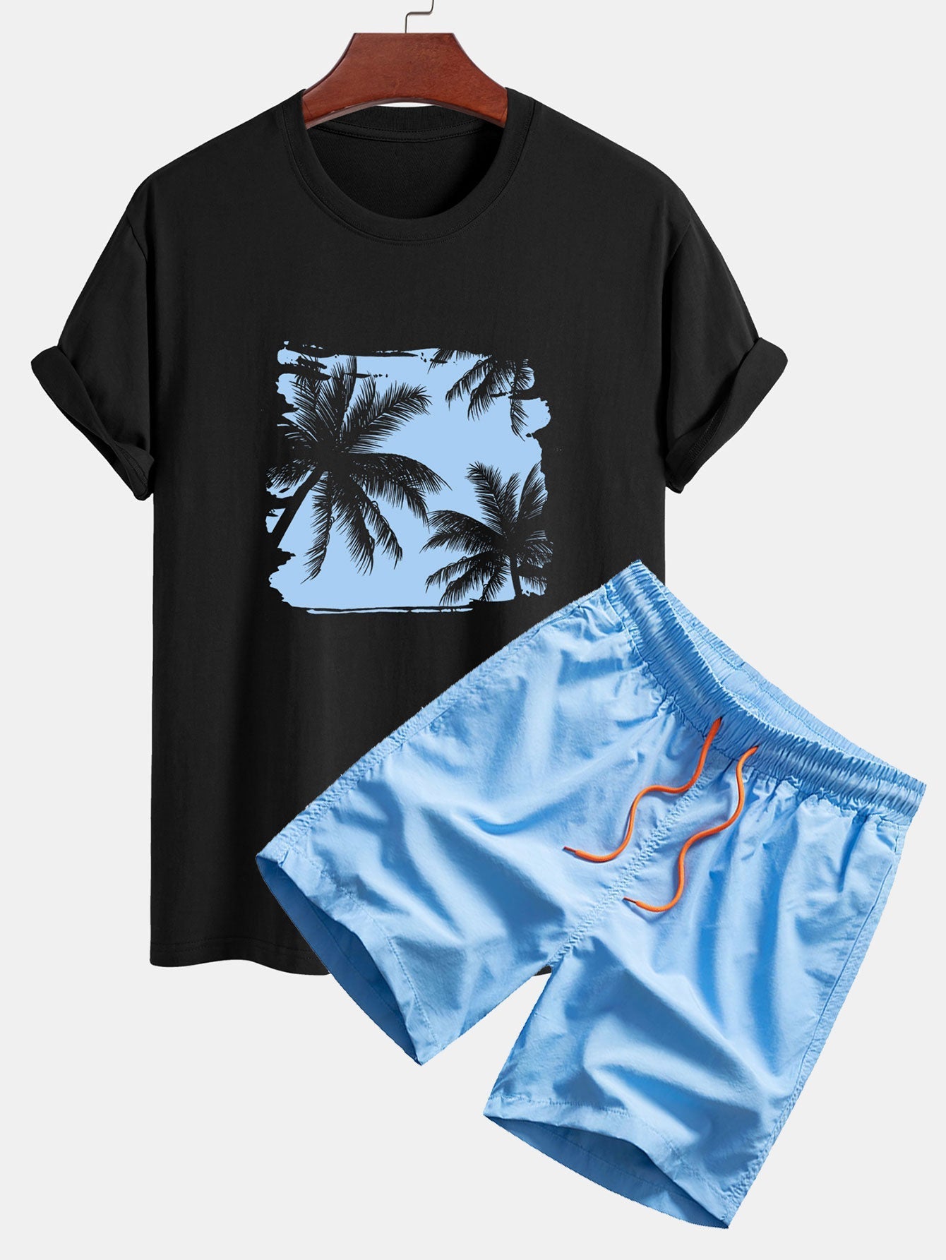 T-shirt en Coton à Imprimé Silhouette de Palmiers & Short de Bain