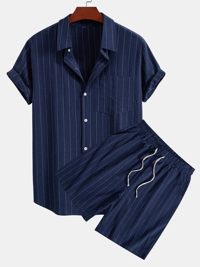 Ensemble Décontracté : Chemise Rayée Style Lin & Short à Cordon