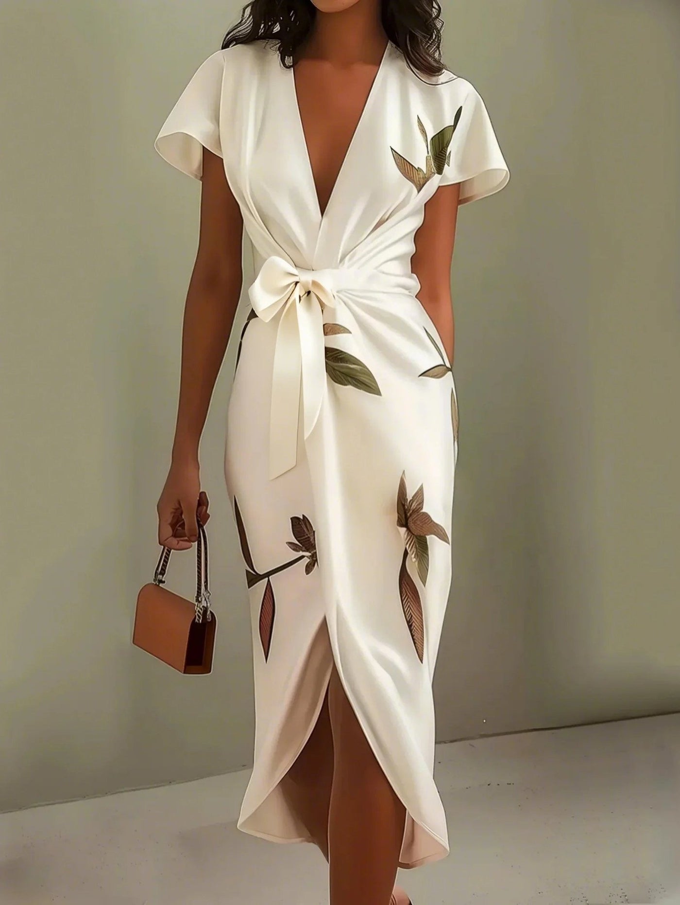Robe mi-longue en satin à manches courtes