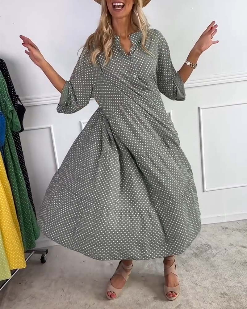 Robe Manches Mi-Longues À Pois Droite