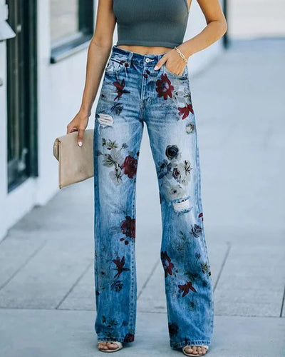 Jean femme – Taille haute – Coupe droite – Détails usés – Motif floral en relief