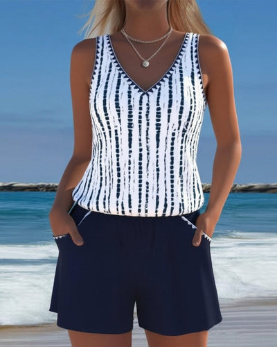 Maillot de bain avec imprimé, poches et décolleté en V en deux parties