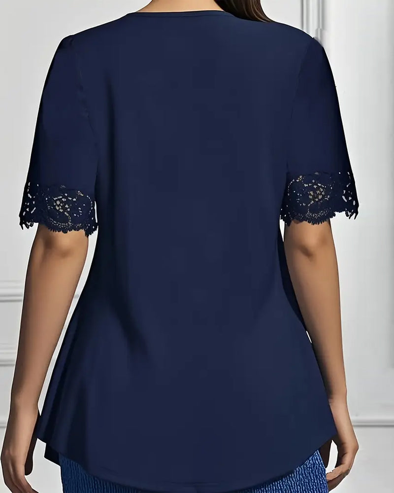Blouse V-Neck Dentelle Slim Manches Courtes