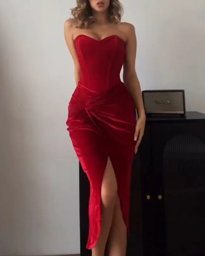 Robe de soirée sexy sans bretelles fendue