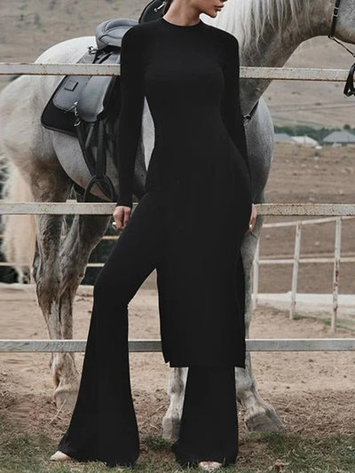 Ensemble haut long fendu et pantalon évasé moulant