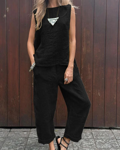 LAUIA - ENSEMBLE SANS MANCHES ET PANTALON EN COTON ET LIN