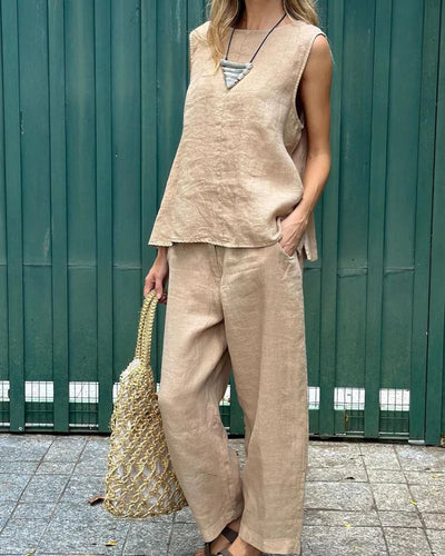LAUIA - ENSEMBLE SANS MANCHES ET PANTALON EN COTON ET LIN