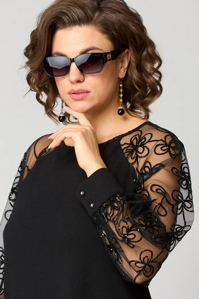 Elara™ | Robe Élégante à Manches Brodées en Tulle