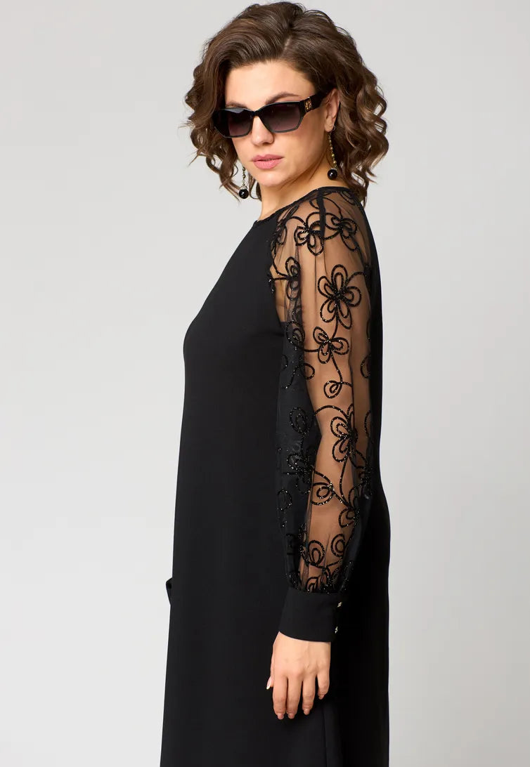 Elara™ | Robe Élégante à Manches Brodées en Tulle