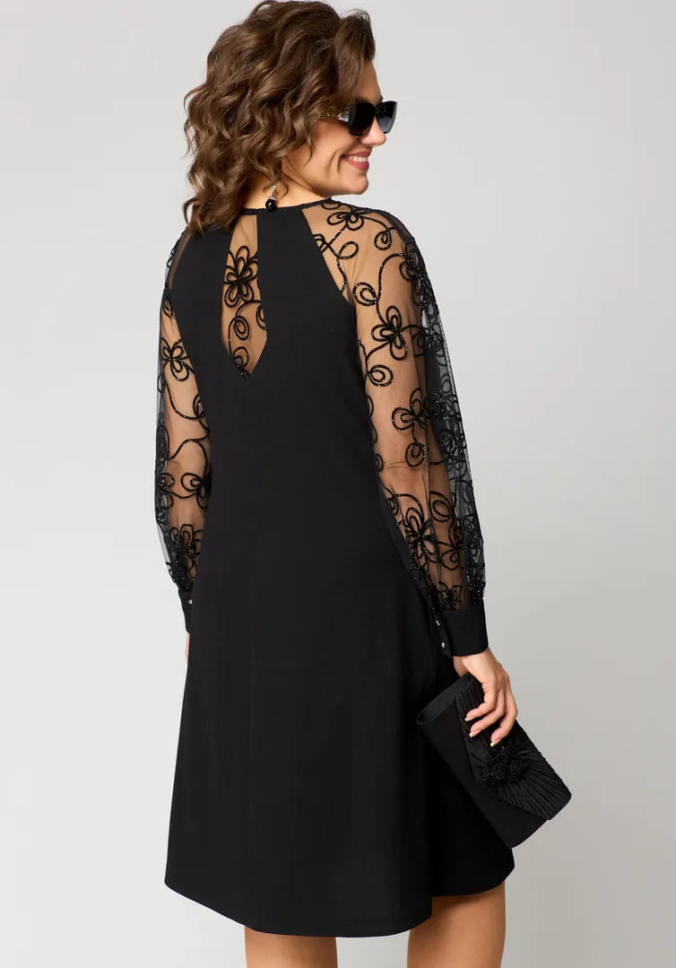 Elara™ | Robe Élégante à Manches Brodées en Tulle