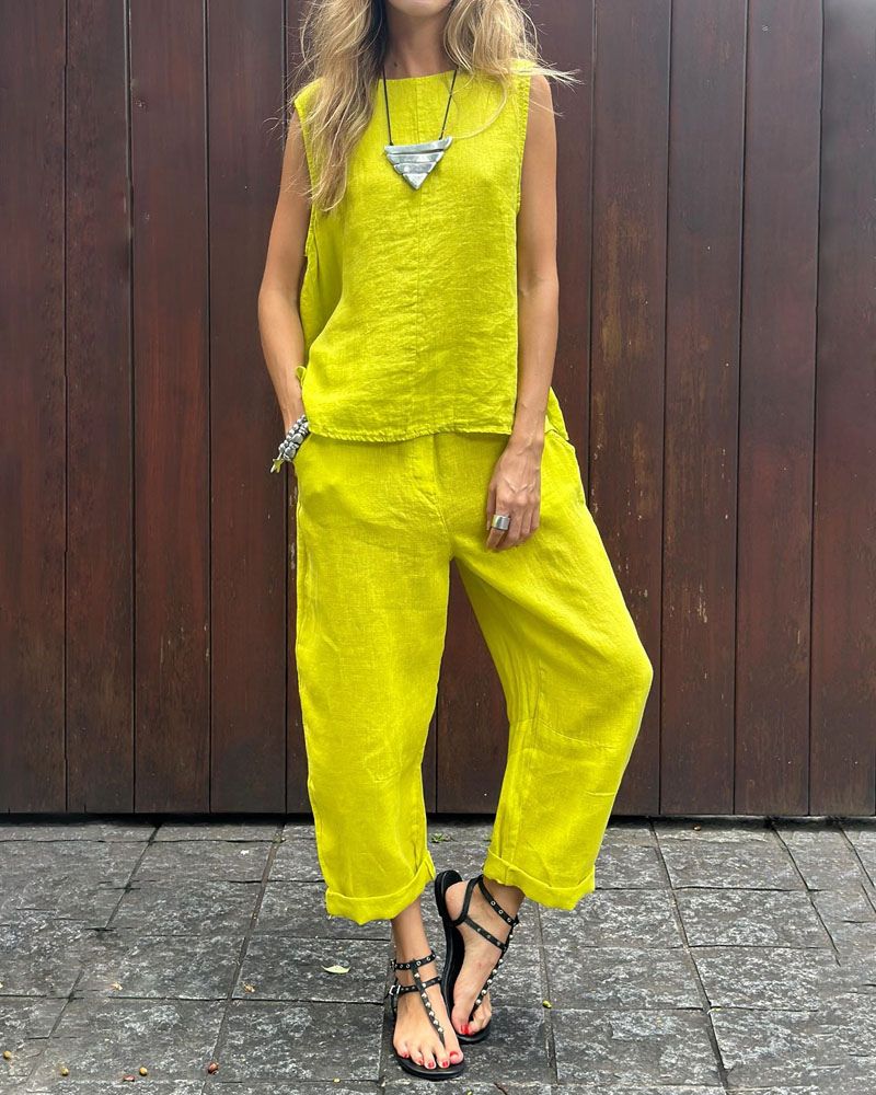 LAUIA - ENSEMBLE SANS MANCHES ET PANTALON EN COTON ET LIN