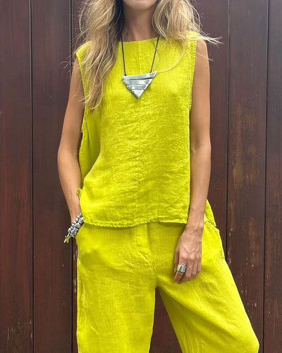 LAUIA - ENSEMBLE SANS MANCHES ET PANTALON EN COTON ET LIN