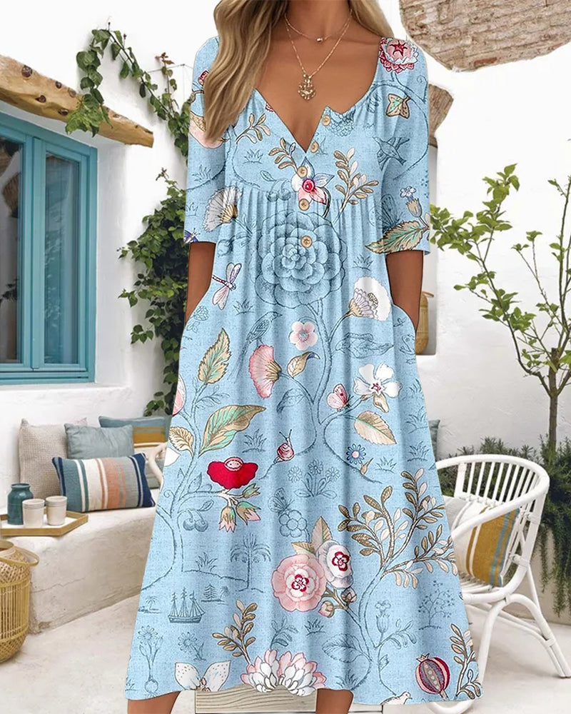 Robe Demi-Manche Imprimé Plissé A-Ligne
