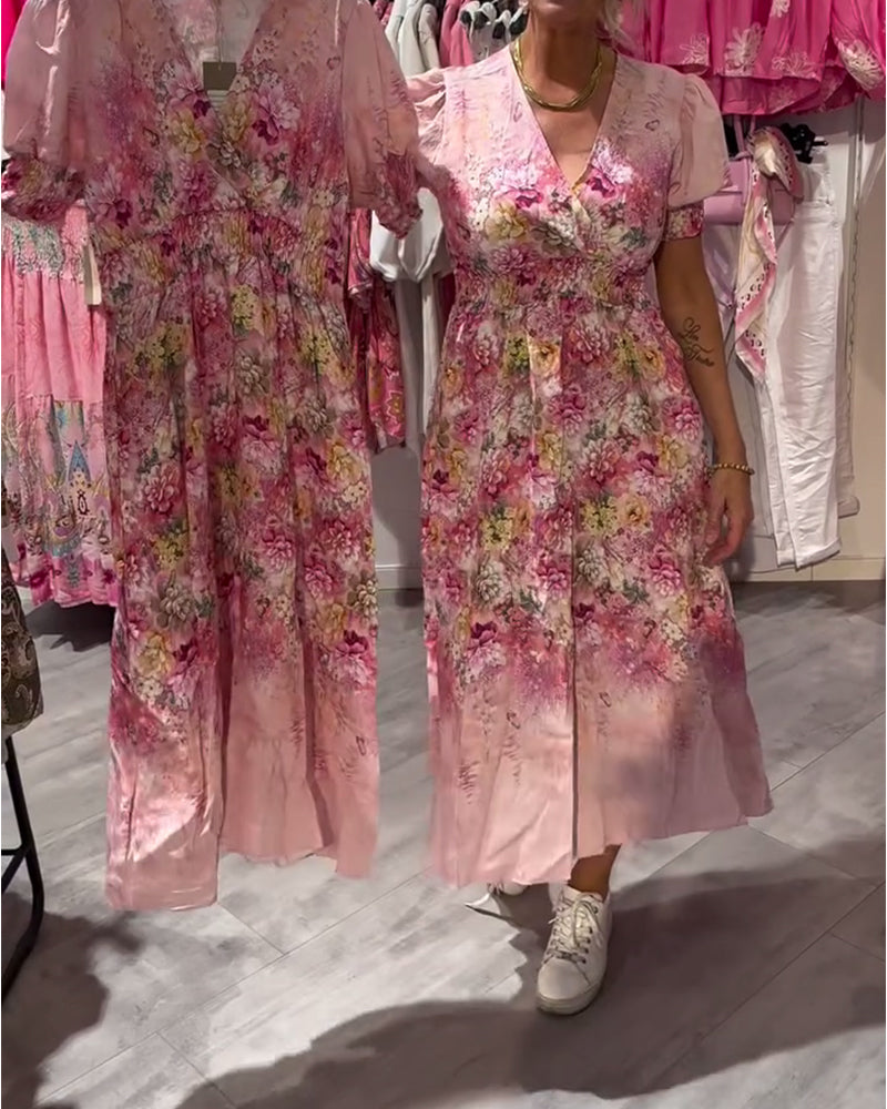 Robe Manche Bouffant Encolure En V Fleuri Taille