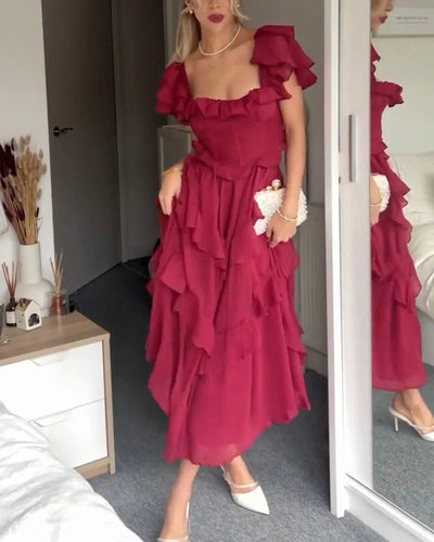 Robe dos nu à manches volantées et col carré