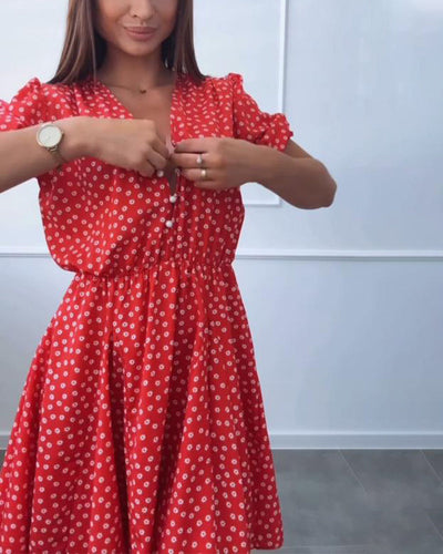 Robe Imprimé À Pois Boutonné Col En V