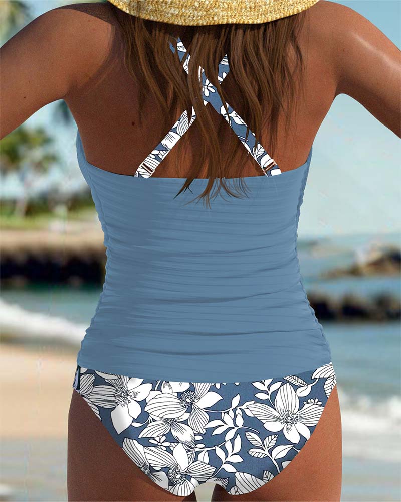 Tankini Bretelles Croisées Côtelé Imprimé Triangle