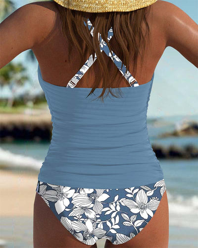 Tankini Bretelles Croisées Côtelé Imprimé Triangle