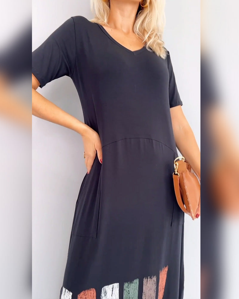 Robe Col En V Imprimée Fendue Décontractée Manches Courtes