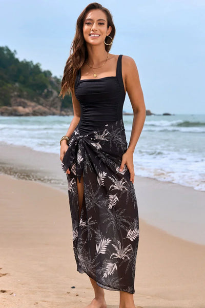Maillot de bain une pièce femme – Décolleté carré – Imprimé fleuri – Paréo noué