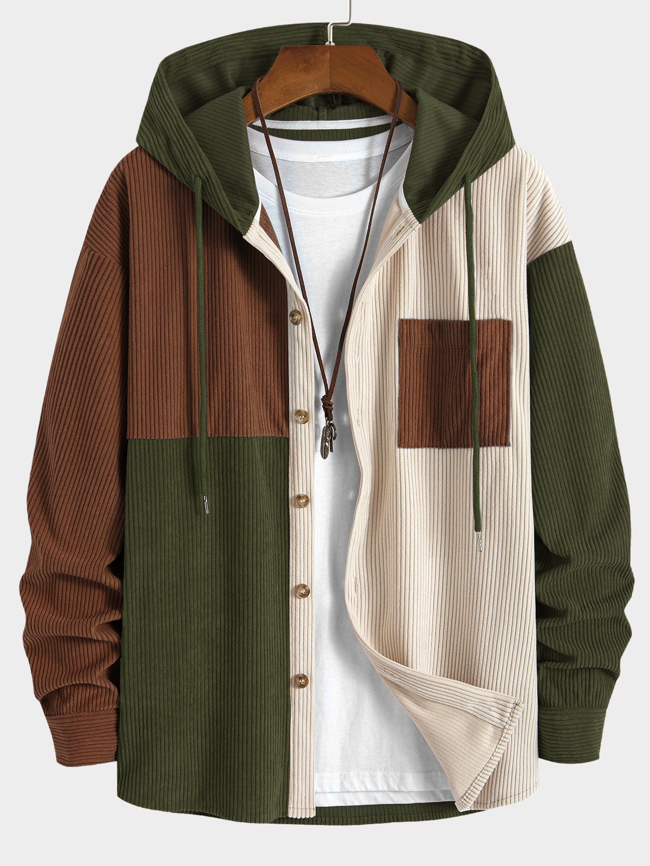 Chemise à capuche en velours côtelé colorblock coupe décontractée et pantalon droit en velours côtelé