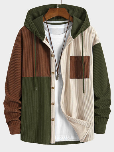 Chemise à capuche en velours côtelé colorblock coupe décontractée et pantalon droit en velours côtelé