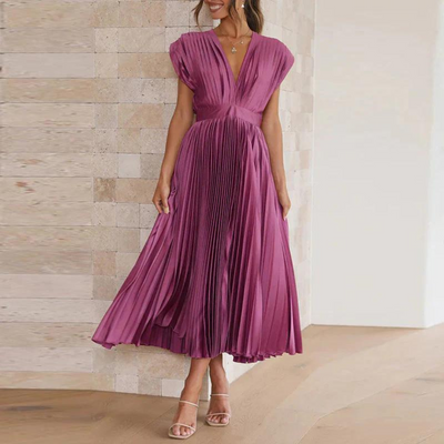 Robe midi femme – Coupe évasée – Tissu luxueux – Col en V – Plissée élégante