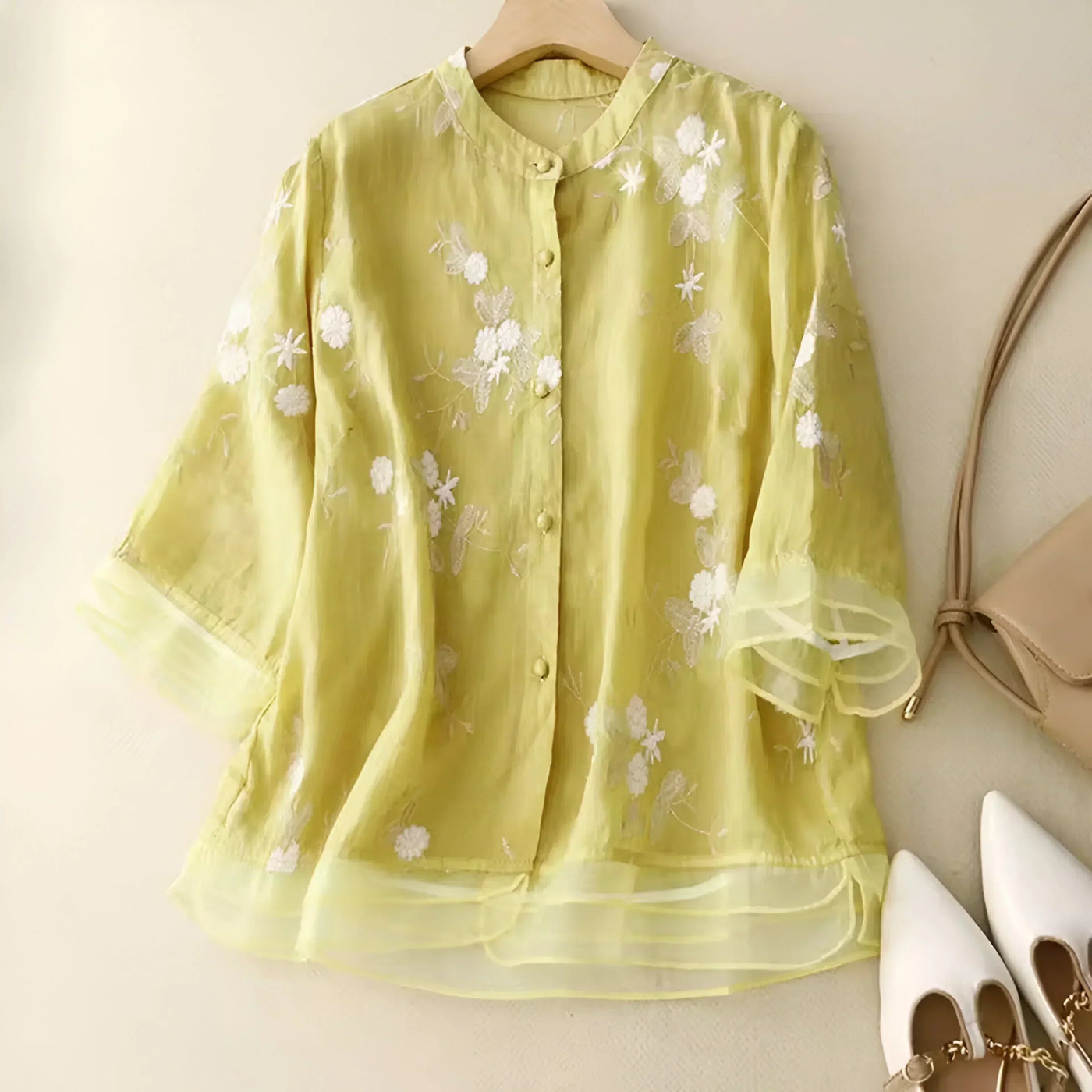 Blouse Femme – Coupe Décontractée – Fibres Naturelles – Broderie Florale – Manches 3/4