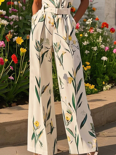 Combinaison coupe classique à col en V et à fleurs