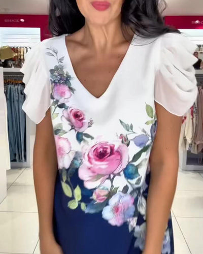 Robe Manche Bouffant Encolure V Rose Fleur