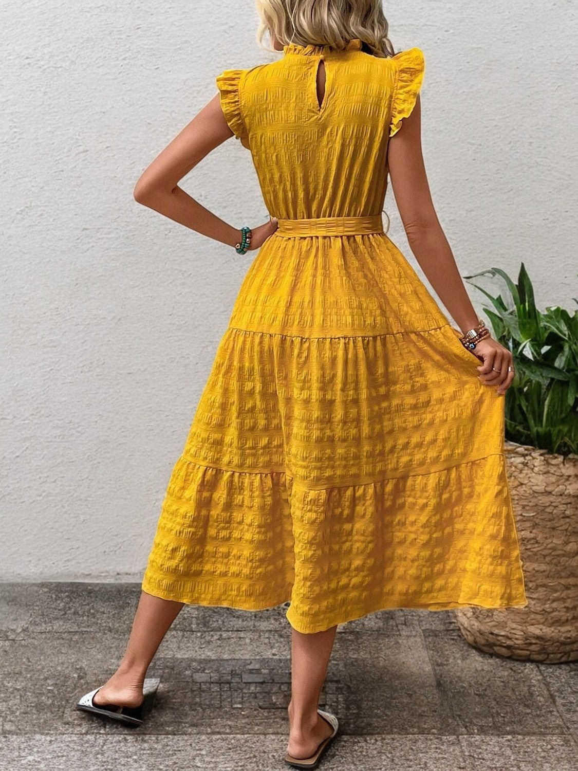 Gisèle - Robe Midi À Ourlets Volantés Et Ceinture À Nouer