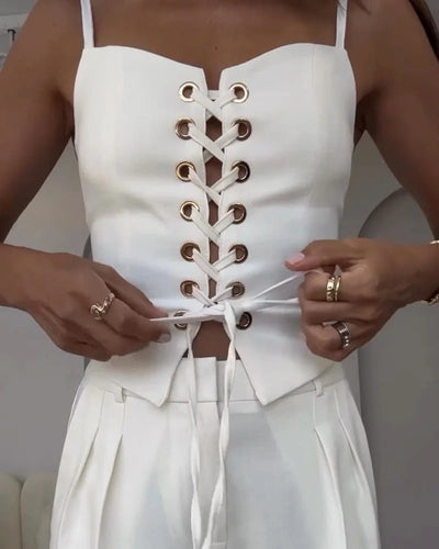 Ensemble deux pièces haut et pantalon à cordons