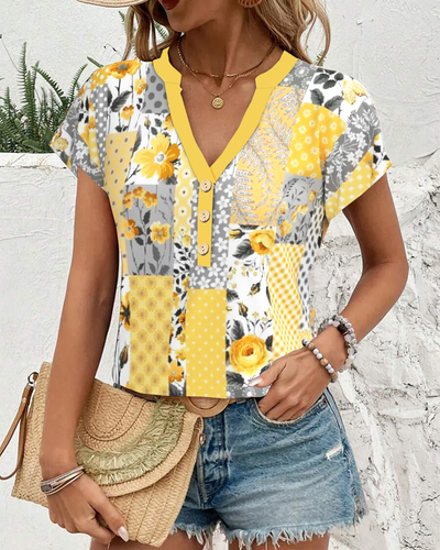 Blouse Col En V Manches Courtes Imprimé Floral