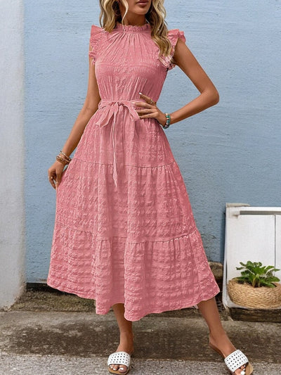 Gisèle - Robe Midi À Ourlets Volantés Et Ceinture À Nouer