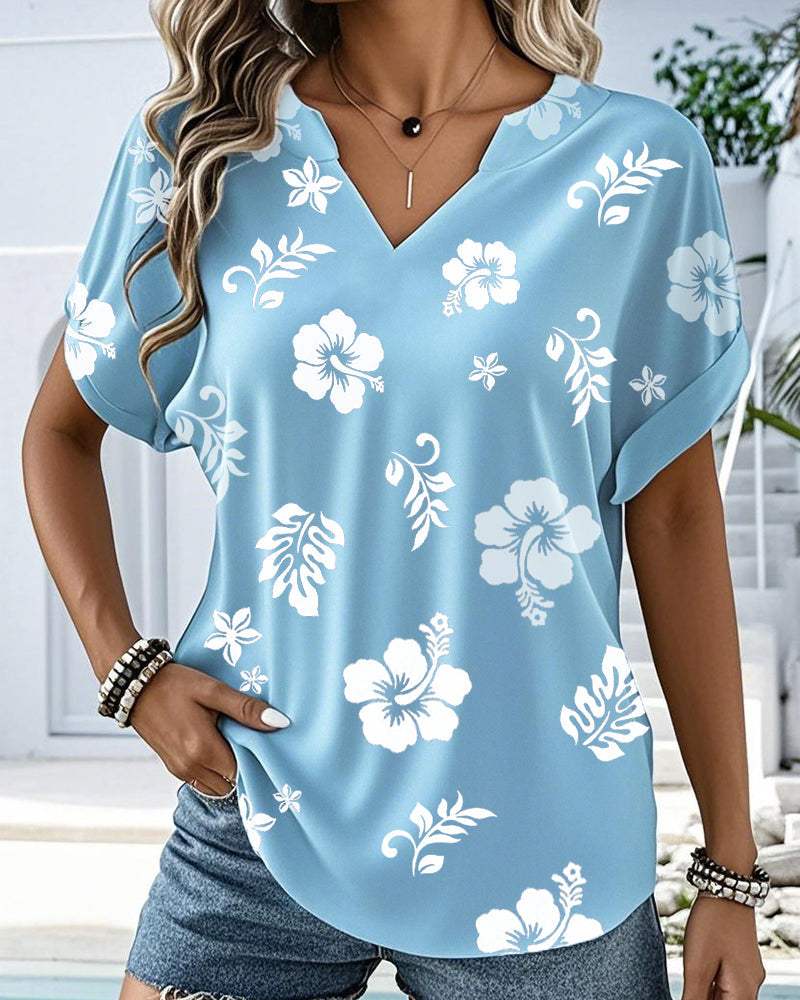 Blouse Col En V Décontractée Imprimée Manches Courtes