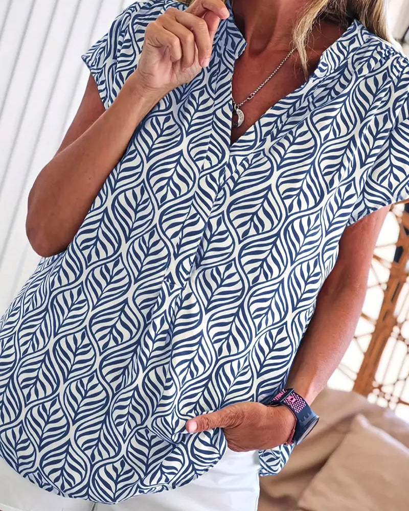 Blouse Col Montant Imprimé Feuille Manches Courtes
