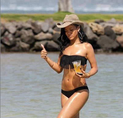 Bikini femme – Haut bandeau à franges – Bas taille basse à découpes – Tissu extensible